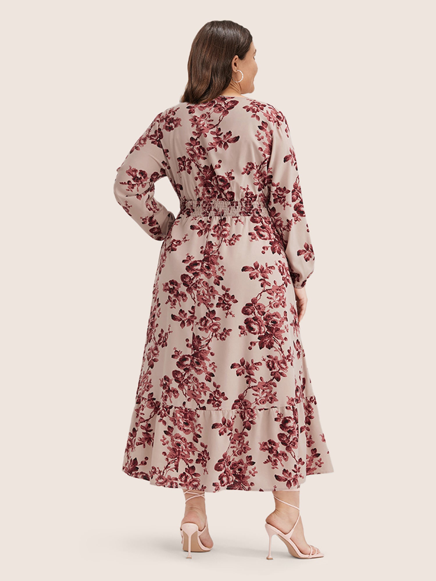 Floral Wrap Lantern Sleeve Pocket Shirred Ruffle Hem Dress