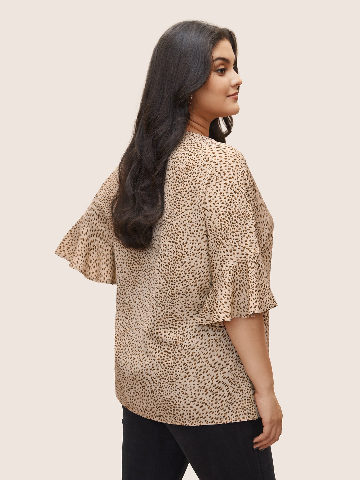 Leopard Print V Neck Ruffle Sleeve Blouse
