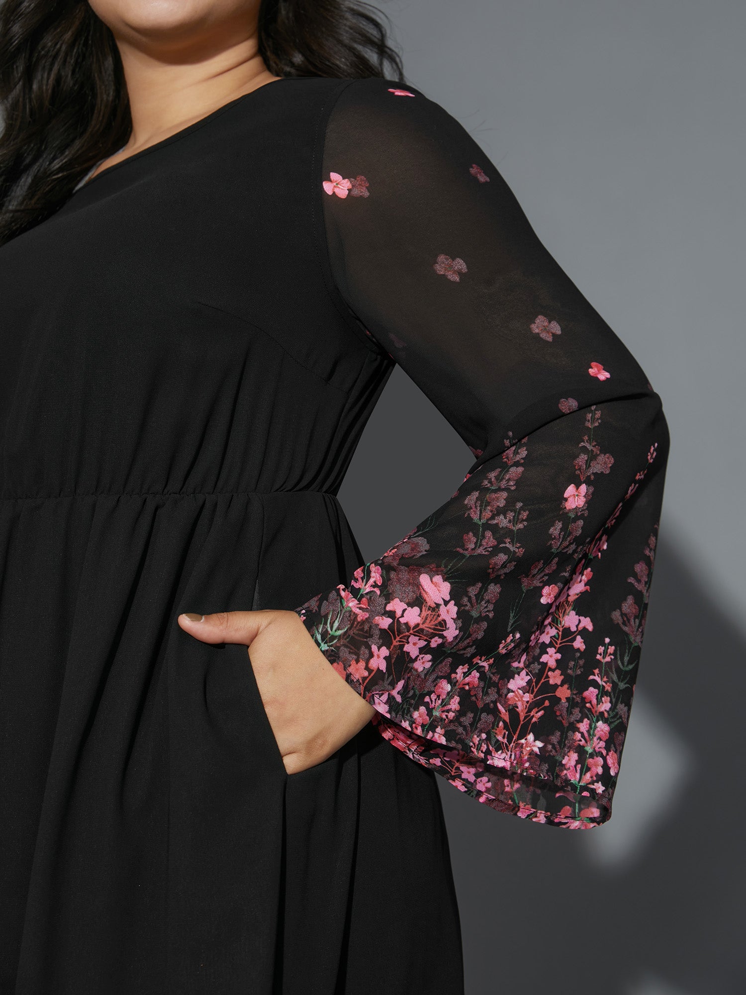 Floral Mesh Bell Sleeve Boat Neck Dress