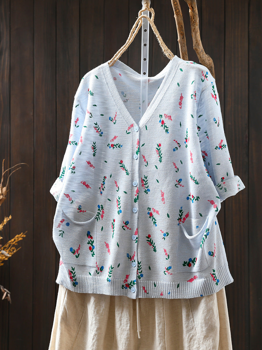 Women Summer Artsy Floral Knitted V-Neck Cotton Shirt