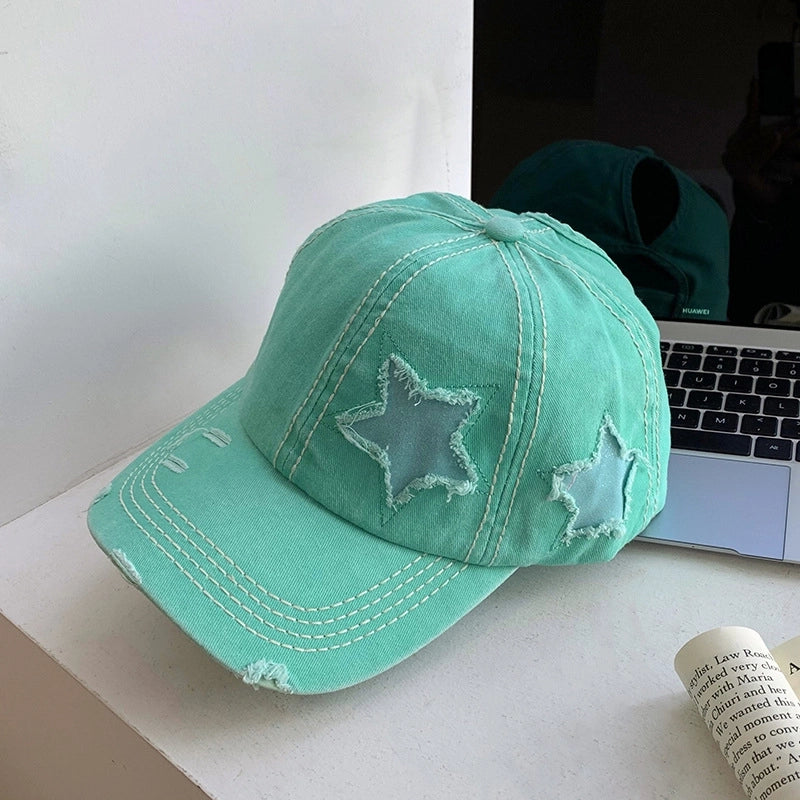 Vintage Ripped Baseball Cap Women's Spring And Summer Korean Style Big Head Face Showing Small Cap Pink Wide Brim Hat Trendy