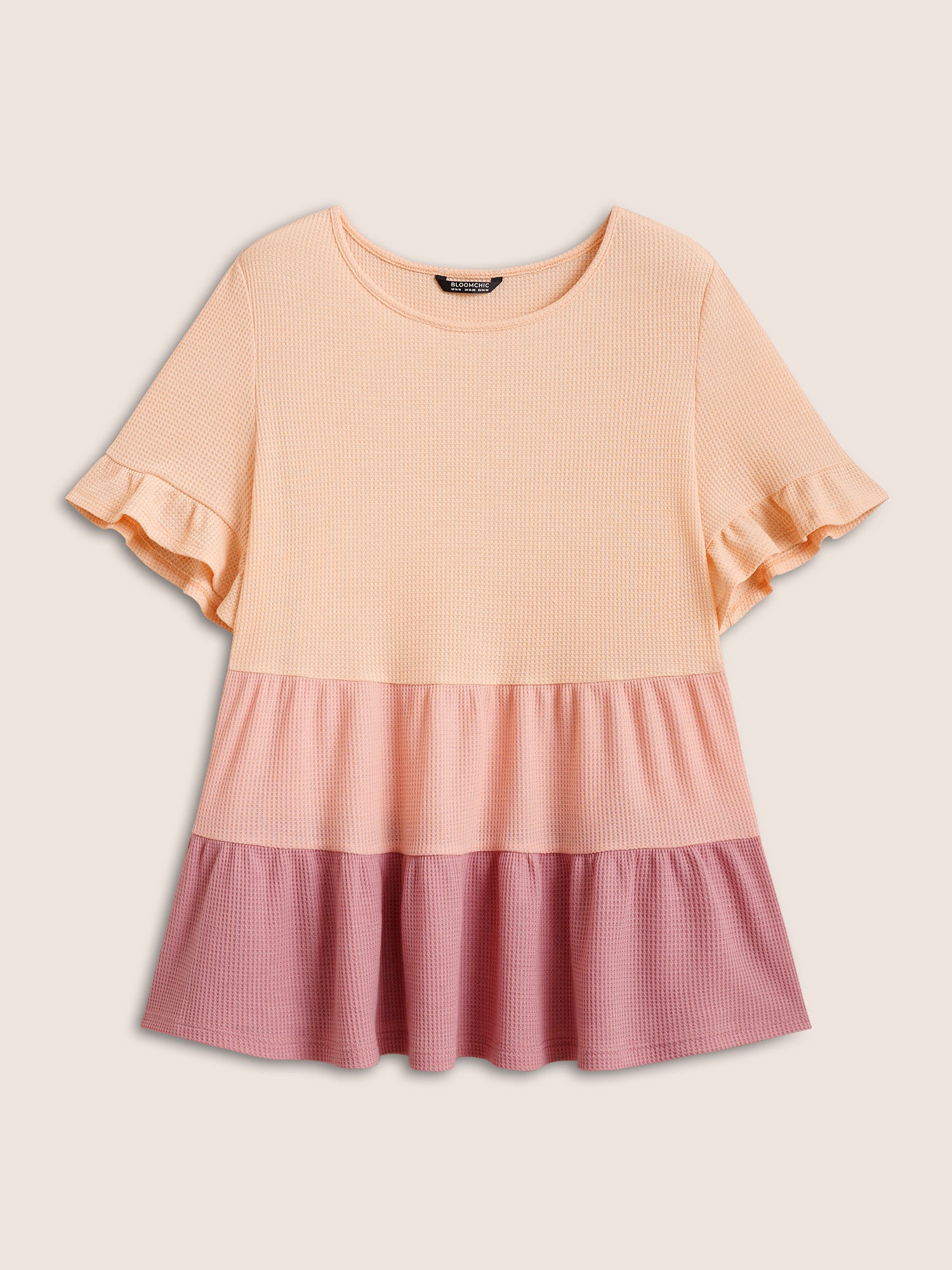 Waffle Knit Contrast Ruffle Layered Hem T-shirt