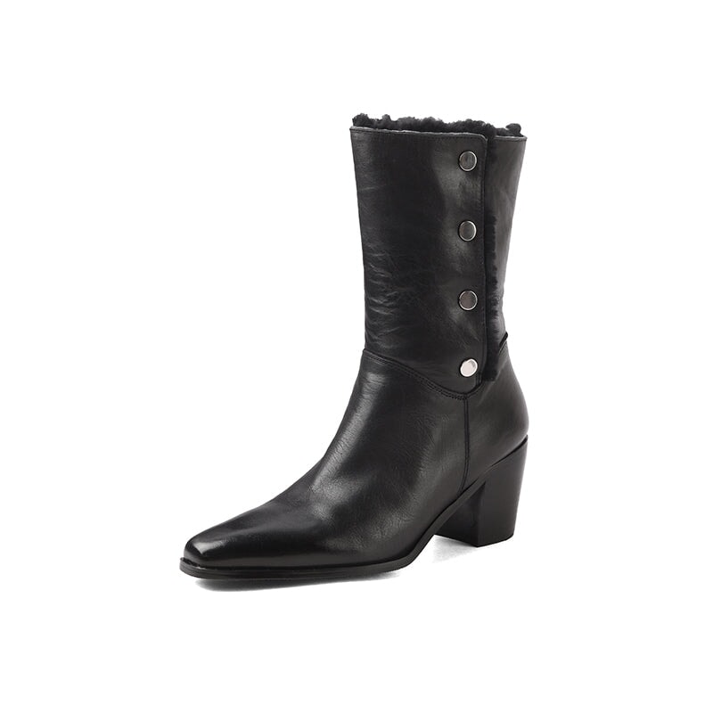 Horse Leather Shearling Lined Almond Toe Mid Calf Western Boots Cowboy Boots For Women In Black/Coffee