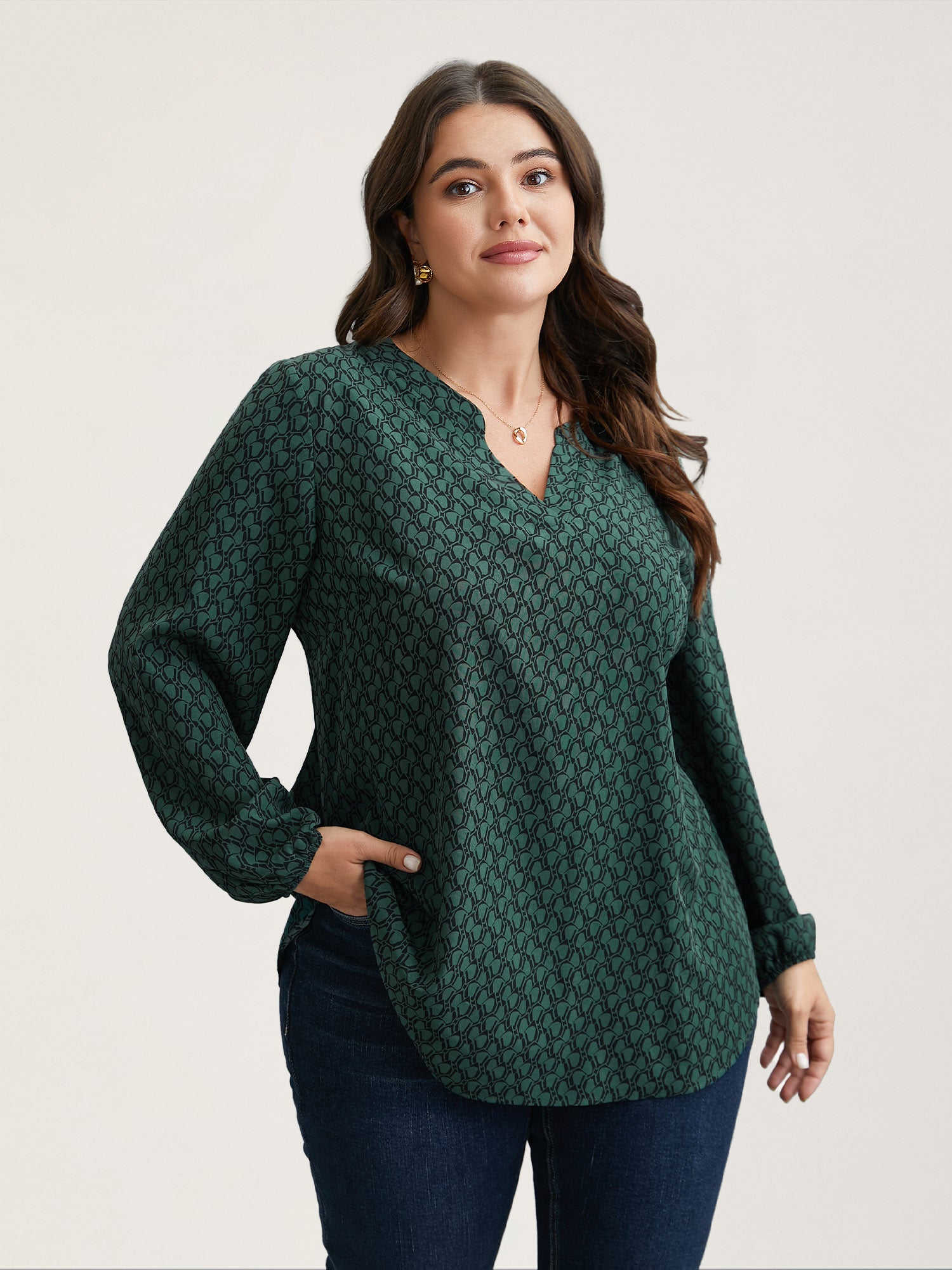Notched Collar Geometric Print Flowy Blouse