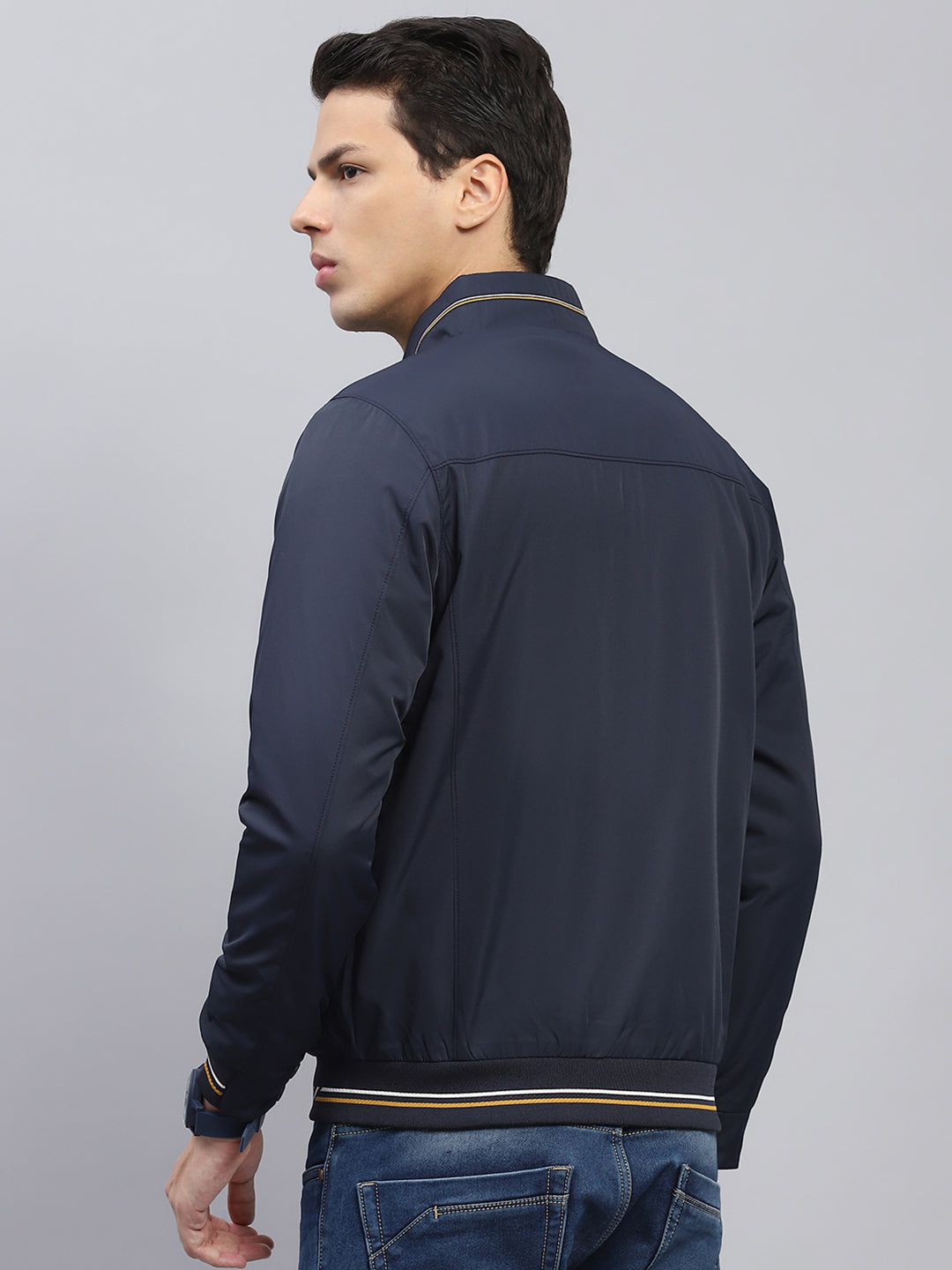 Men Navy Blue Solid Mock Neck Full Sleeve Jacket