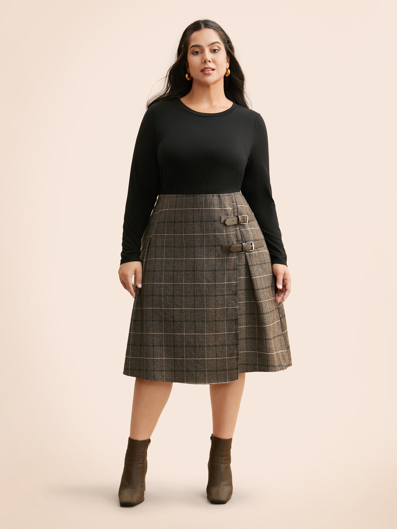 Plaid Patchwork Buckle Detail Pleated Dress