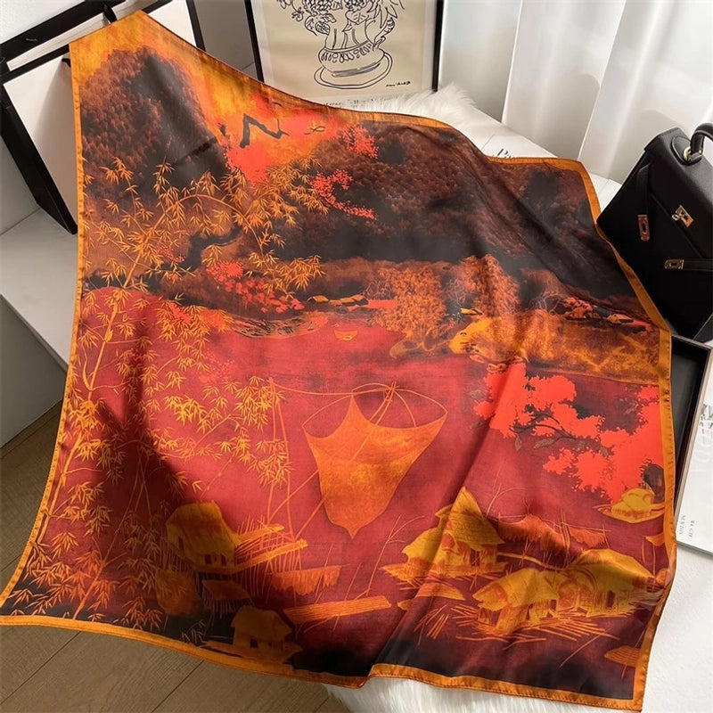 Women's Elegant Sweet Color Block Satin Printing Flowers Silk Scarf