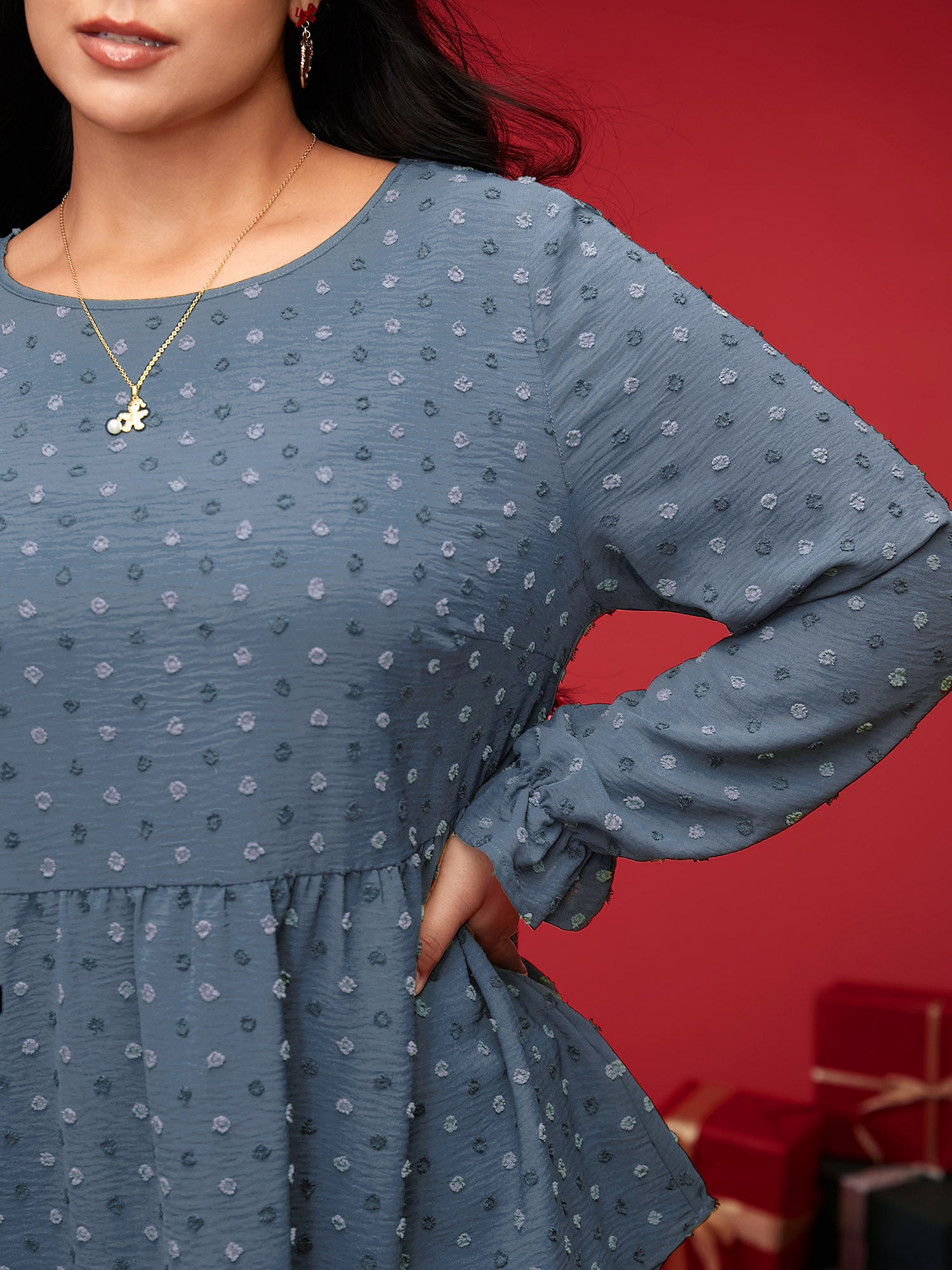 Textured Dot Elastic Cuffs A-line Blouse