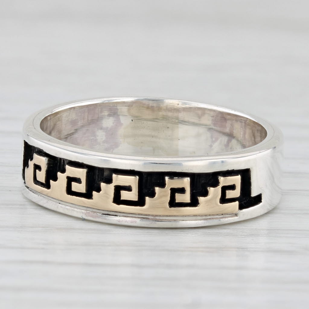 Native American Scott Skeet Patterned Ring Sterling Silver 14k Gold Band