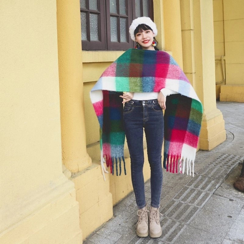Rainbow Plaid Scarf Women's Autumn And Winter Thickened Mohair Student Couple Contrast Color Matching Thickened