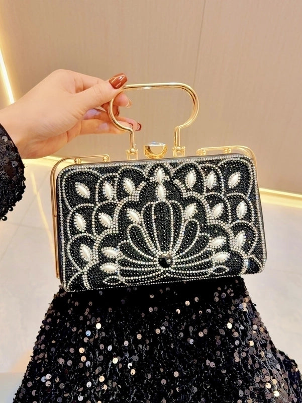 Gold Silver Black Pu Leather Solid Color Pearls Square Evening Bags