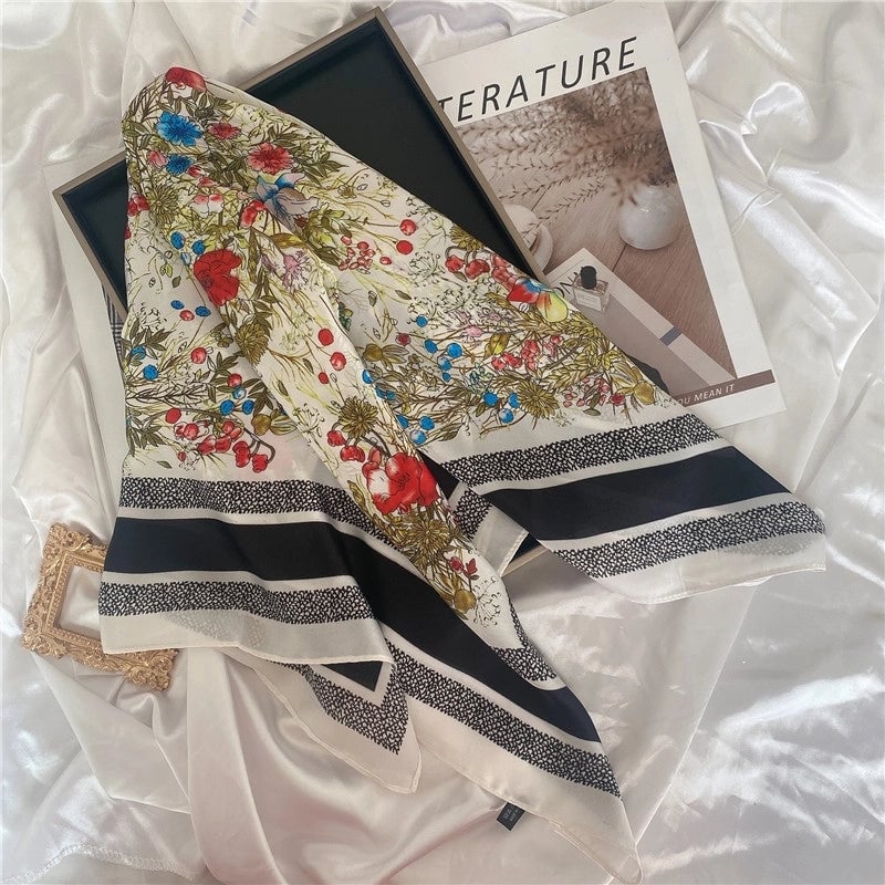 Women's Elegant Letter Flower Satin Silk Scarf