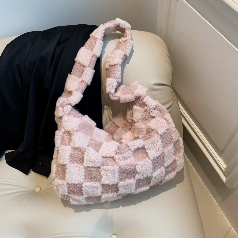 Women's Autumn&winter Plush Color Block Streetwear Square Zipper Shoulder Bag Underarm Bag