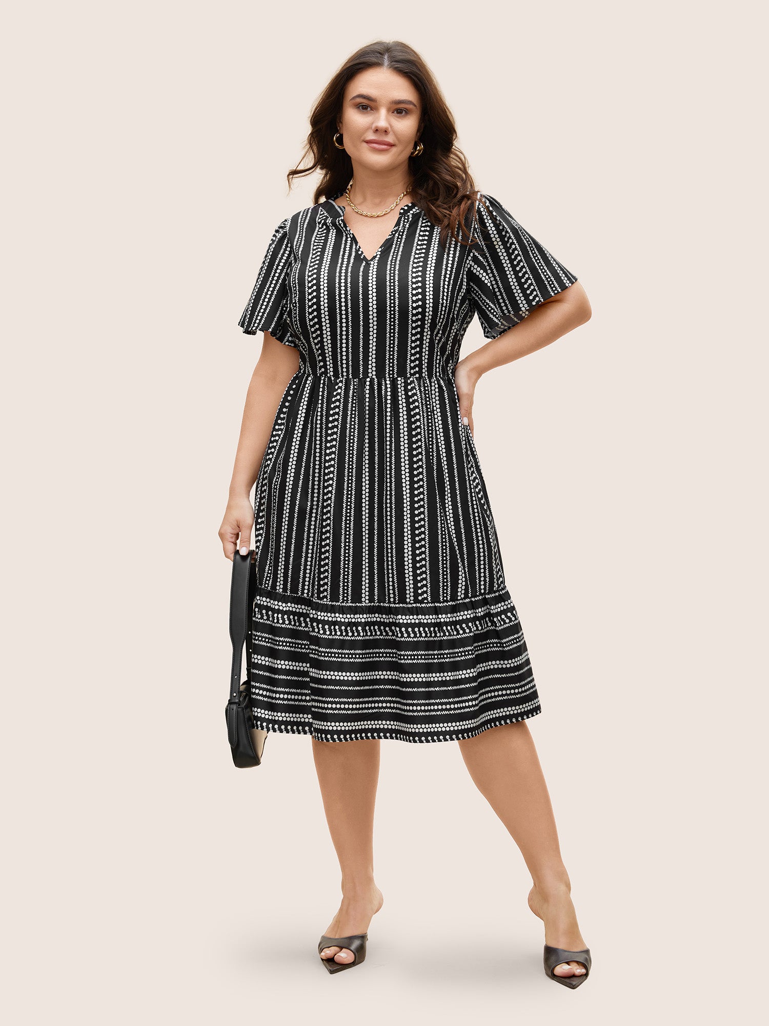 Striped Elastic Waist Ruffle Sleeve Dress