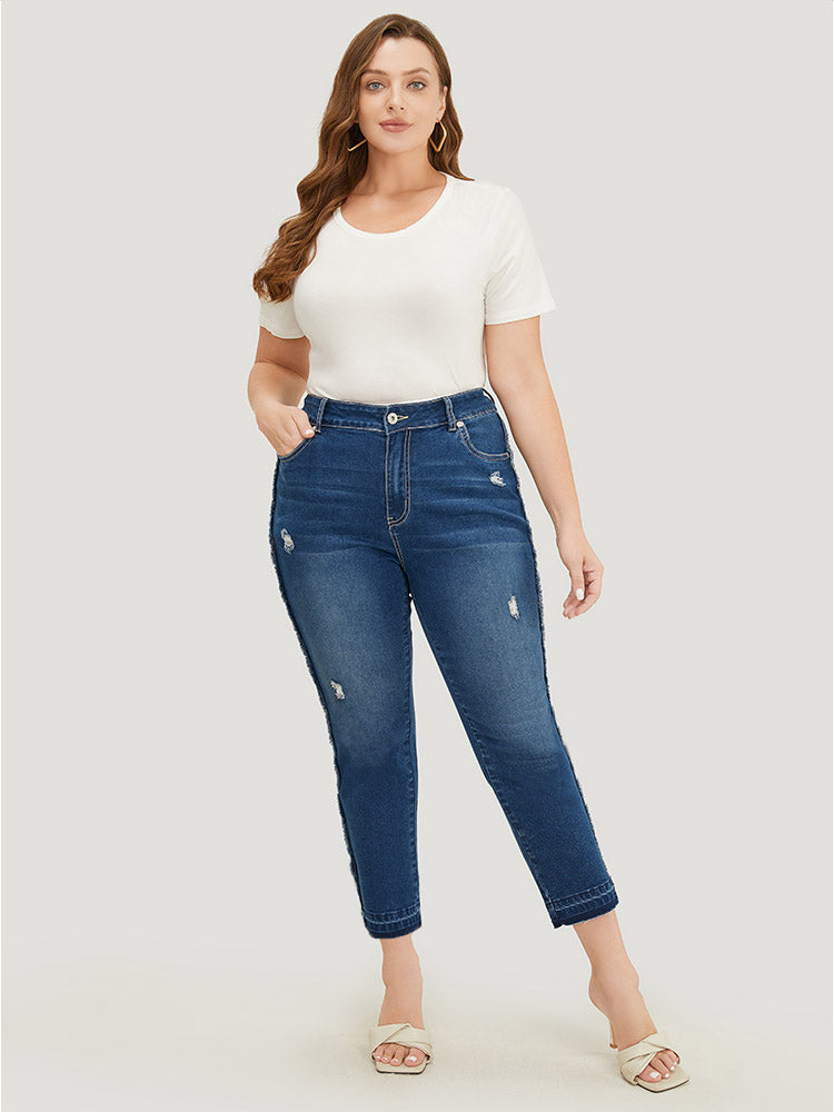 Very Stretchy High Rise Medium Wash Raw Trim Jeans