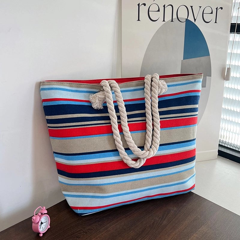 Women's Medium Canvas Geometric Stripe Streetwear Sewing Thread Square Zipper Tote Bag