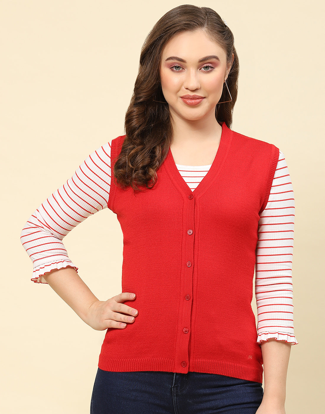 Women Red Solid V Neck Sleeveless Cardigan