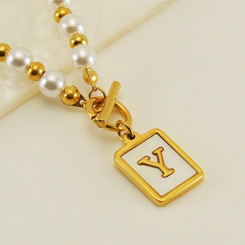Stainless Steel 18K Gold Plated Elegant French Style Pearl Plating Inlay Letter Shell Pendant Necklace