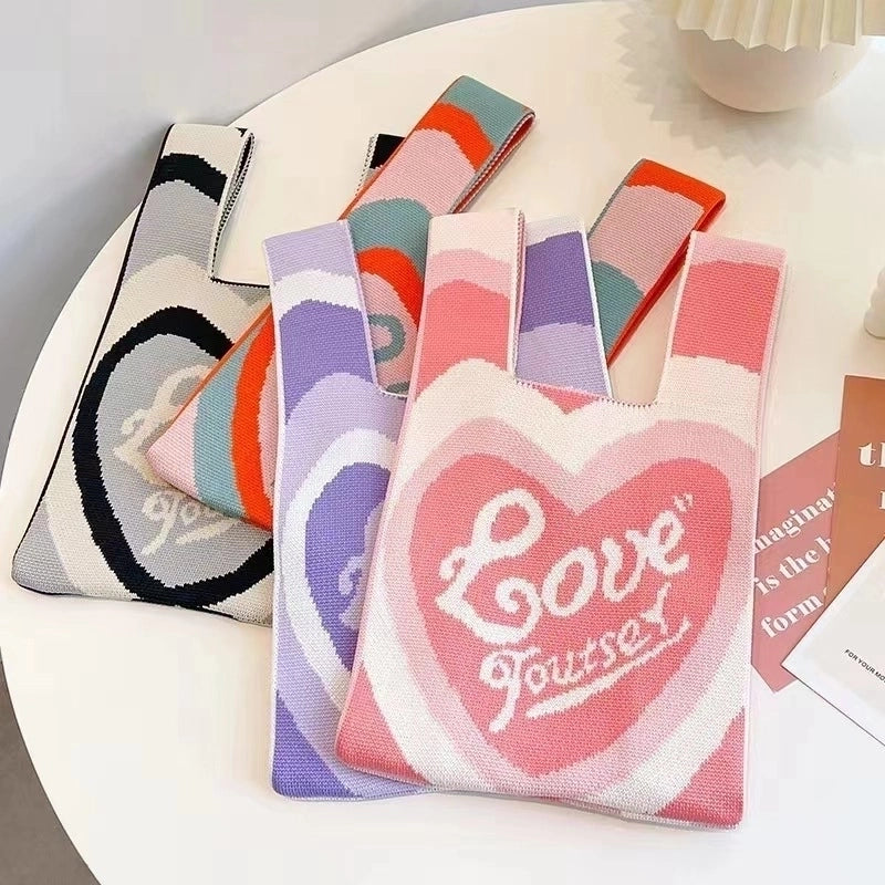 Women's Medium Knit Letter Heart Shape Flower Cute Square Open Square Bag