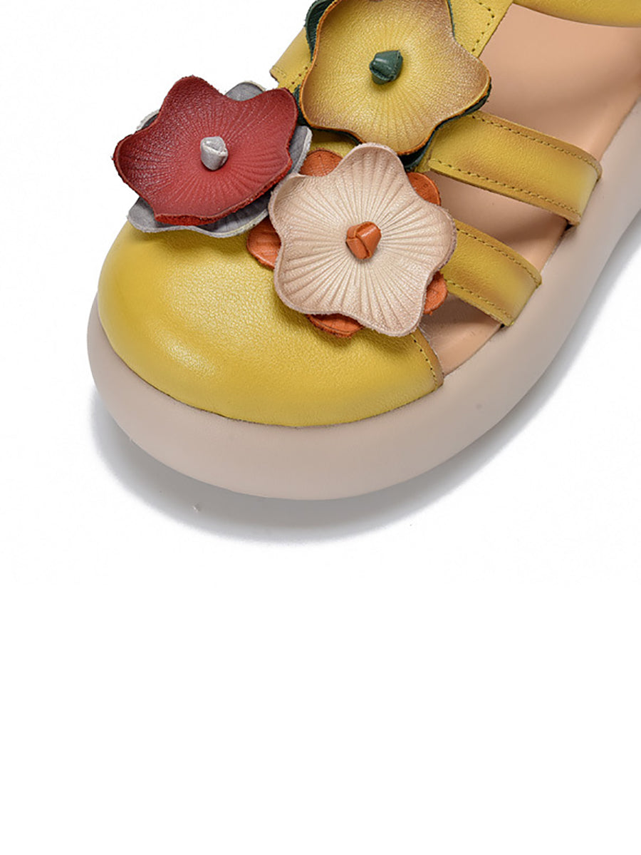 Women Summer Genuine Leather Flower Platform Sandals