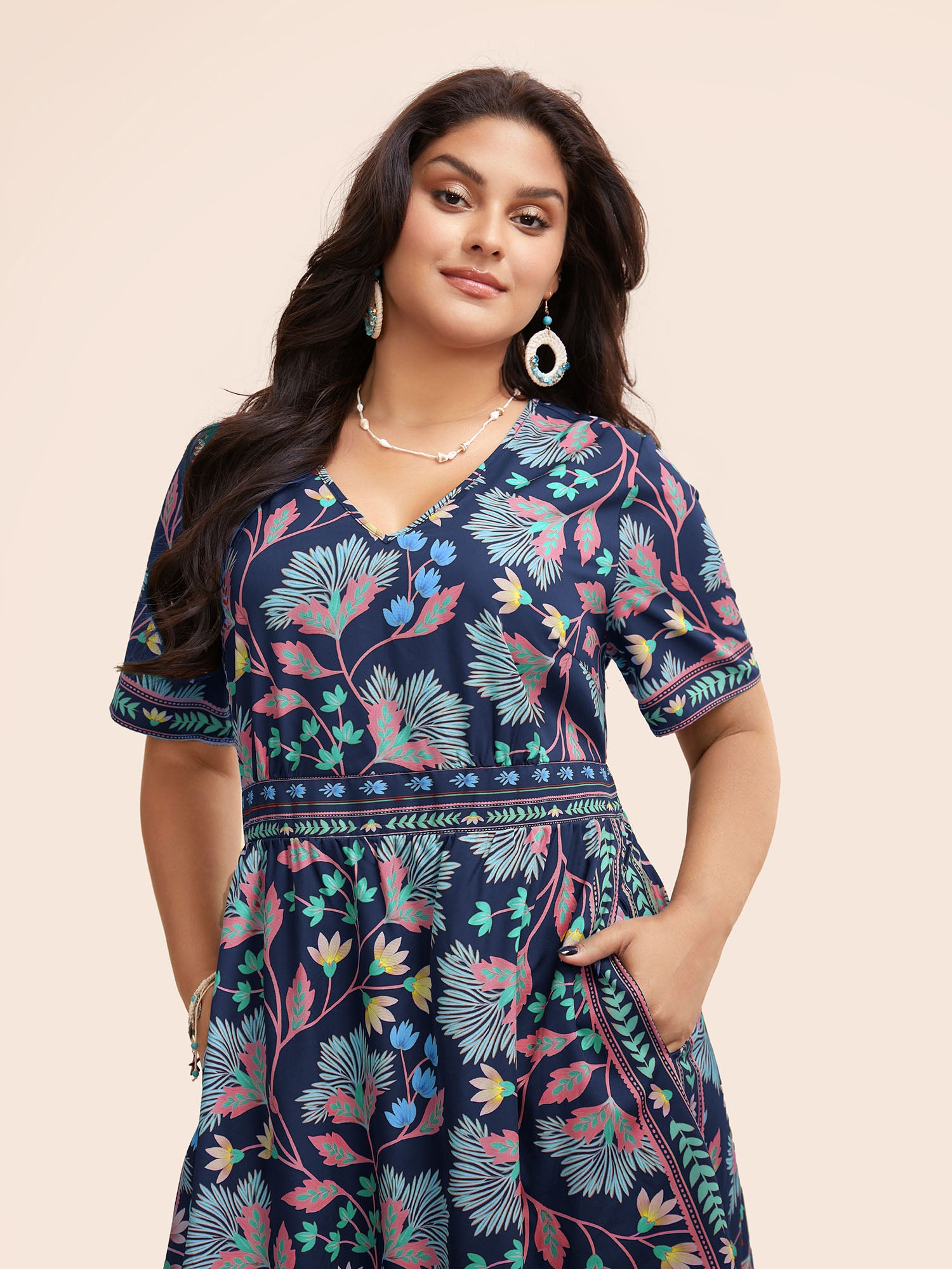 Boho Print Shirred Pocket Midi Dress