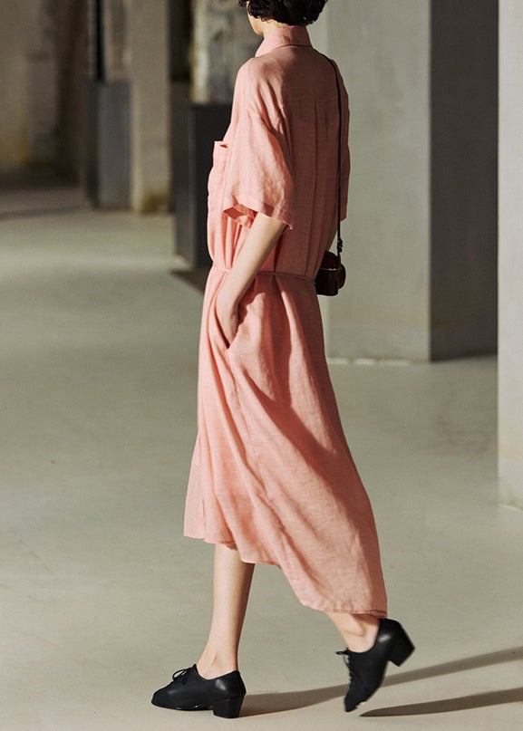 Loose Pink Peter Pan Collar Pockets Button Cotton Dresses Summer