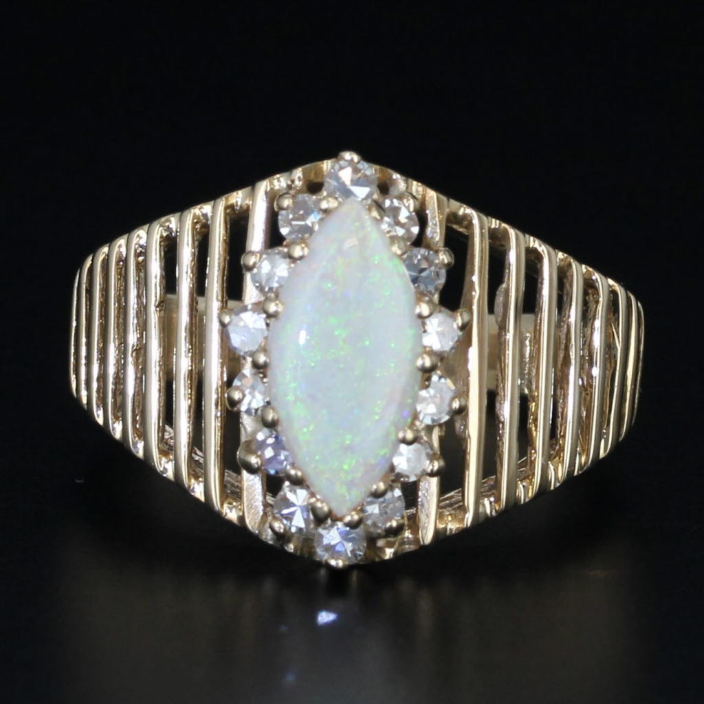 Opal 0.30ctw Diamond Navette Wide Band Ring 14K Yellow Gold Ring Size 8.25