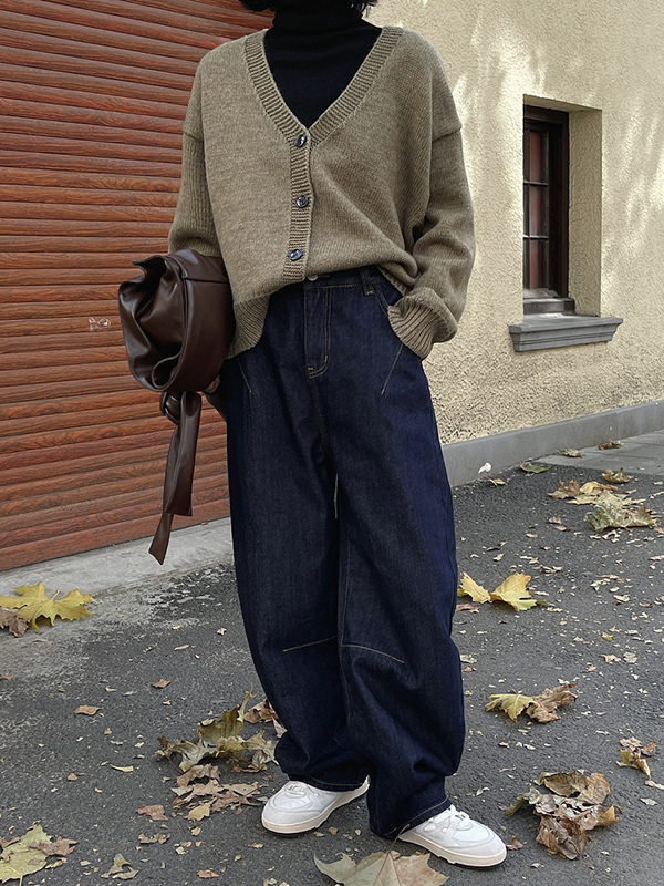 Casual Loose Wide Leg Solid Color Jean Pants Bottoms