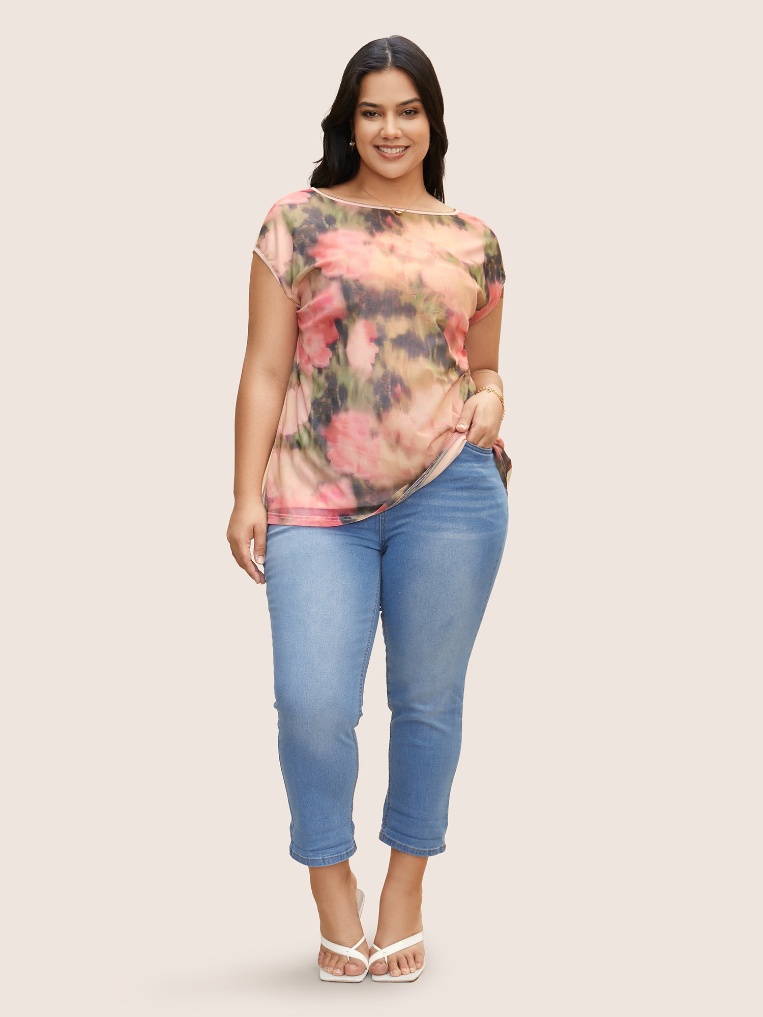 Boat Neck Watercolor Floral Cap Sleeve T-shirt