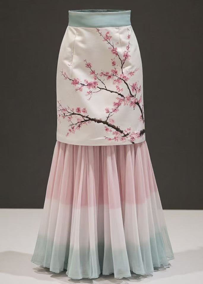 Fashion Pink Print False Two Pieces Chiffon Patchwork Skirts Summer