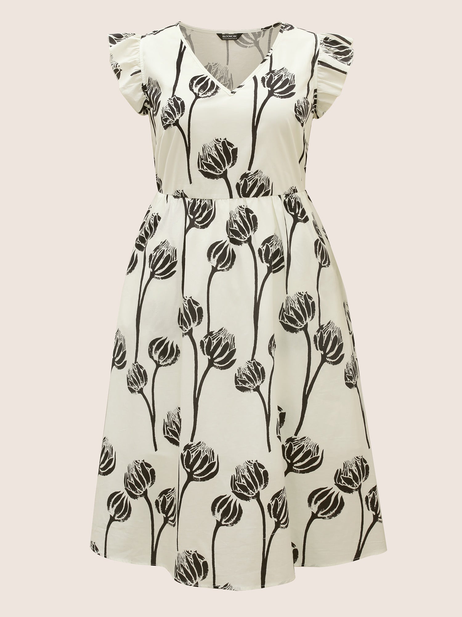 V Neck Floral Print Ruffle Cap Sleeve Dress