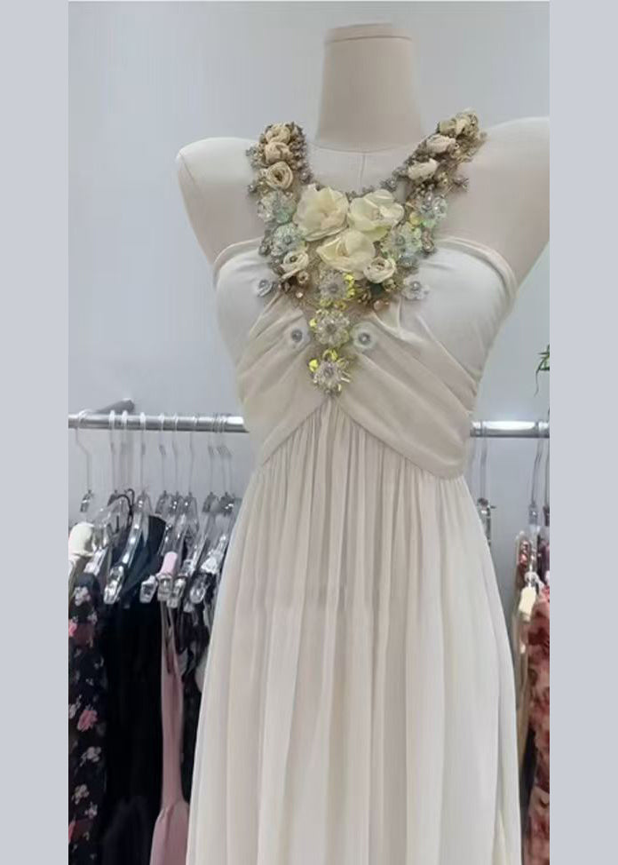 Elegant White Zircon Floral Wrinkled Patchwork Cotton Long Dress Sleeveless