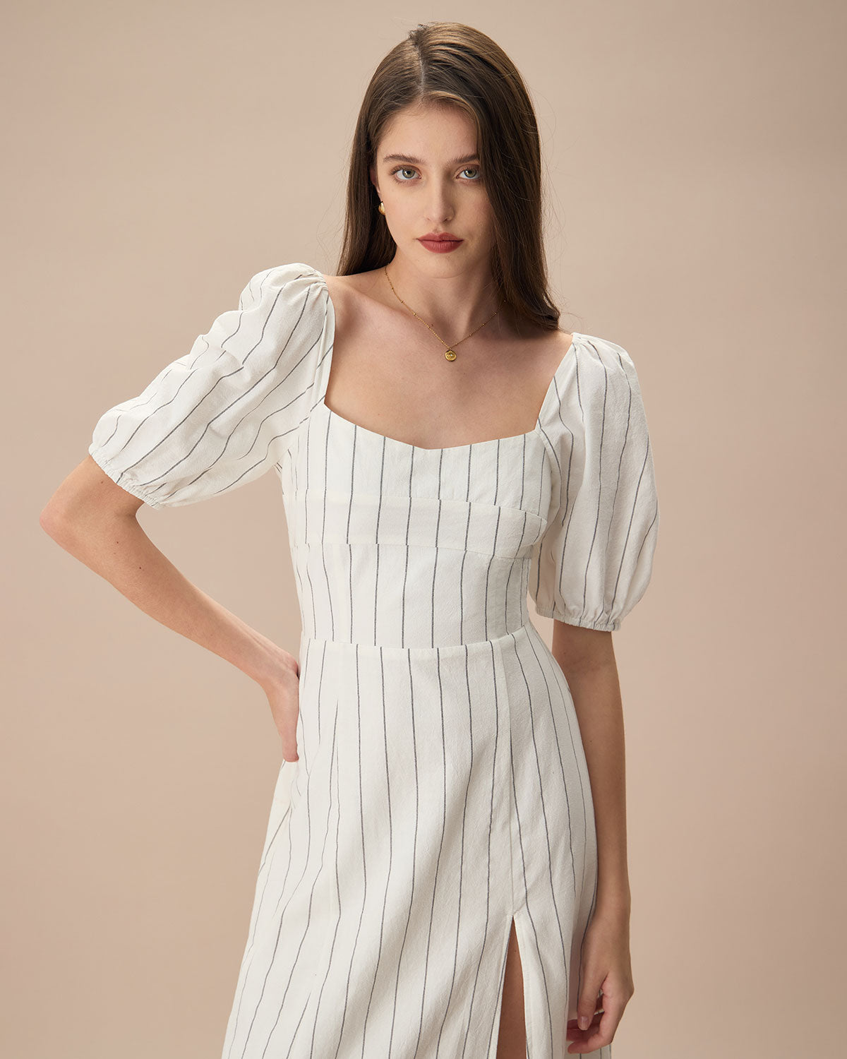 The Beige Puff Sleeve Striped Split Cotton Midi Dress