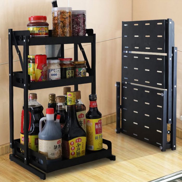 Kitchen Rack Folding Countertop. Kitchen Storage Organizer Stainless Steel Corner Shelf Holder with Hooks for Seasoning Spice Jars Bottles