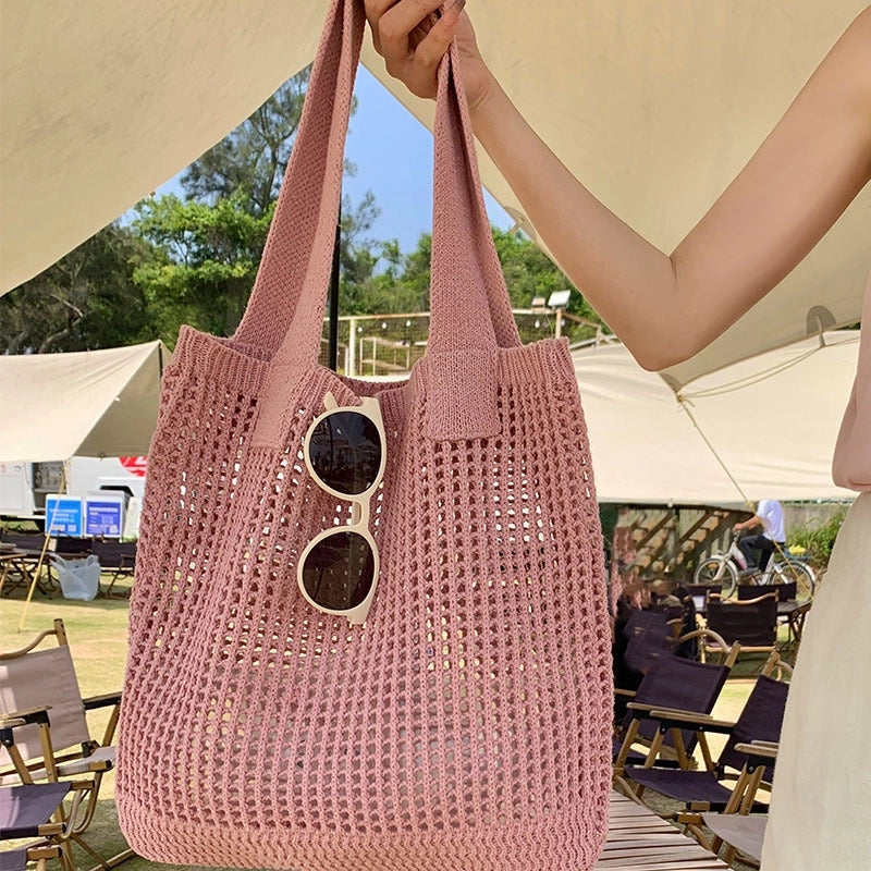 Women's Medium Knit Solid Color Basic Beach Weave Hollow Open Shoulder Bag