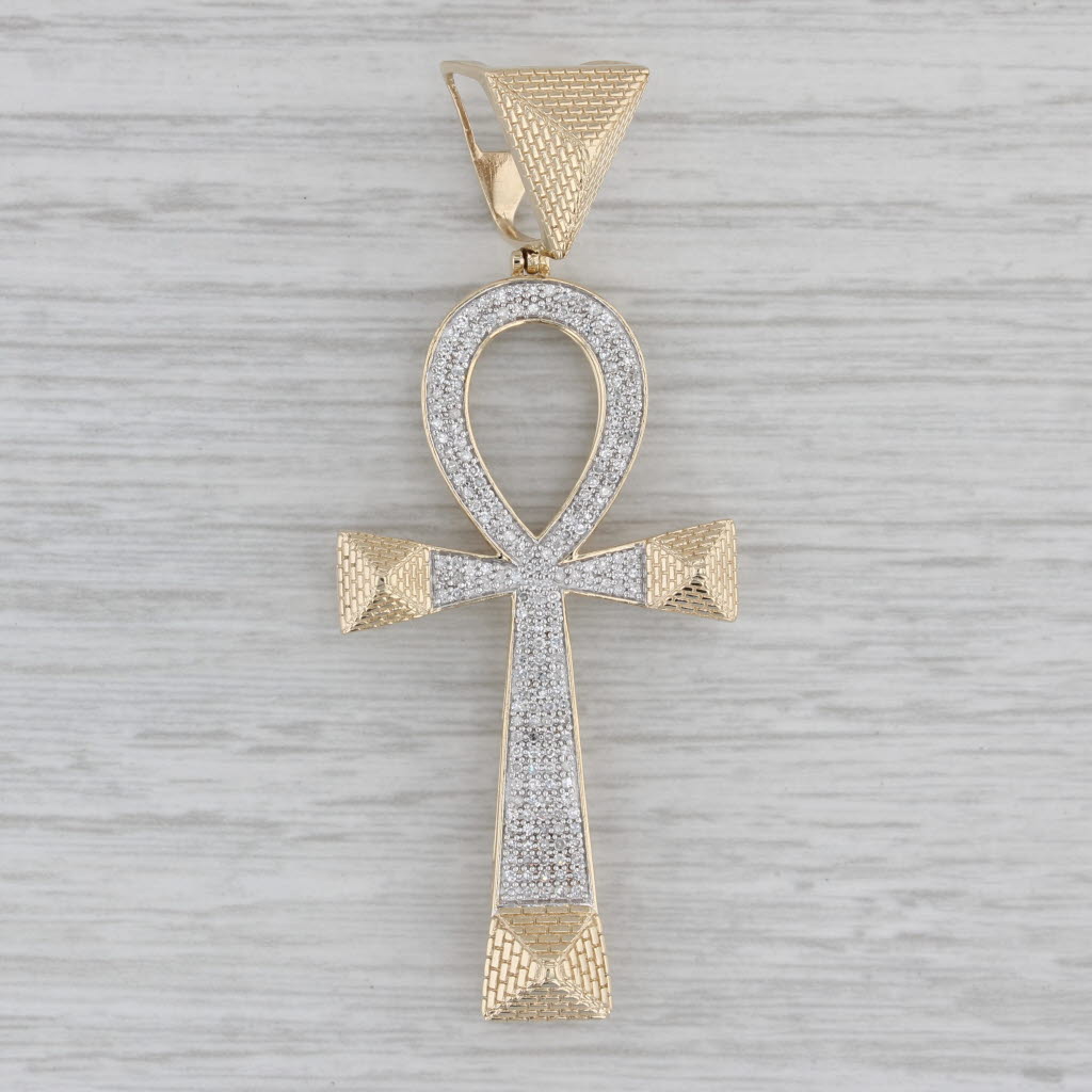 0.50ctw Diamond Ankh Cross Pendant 10k Gold Large Statement Egyptian