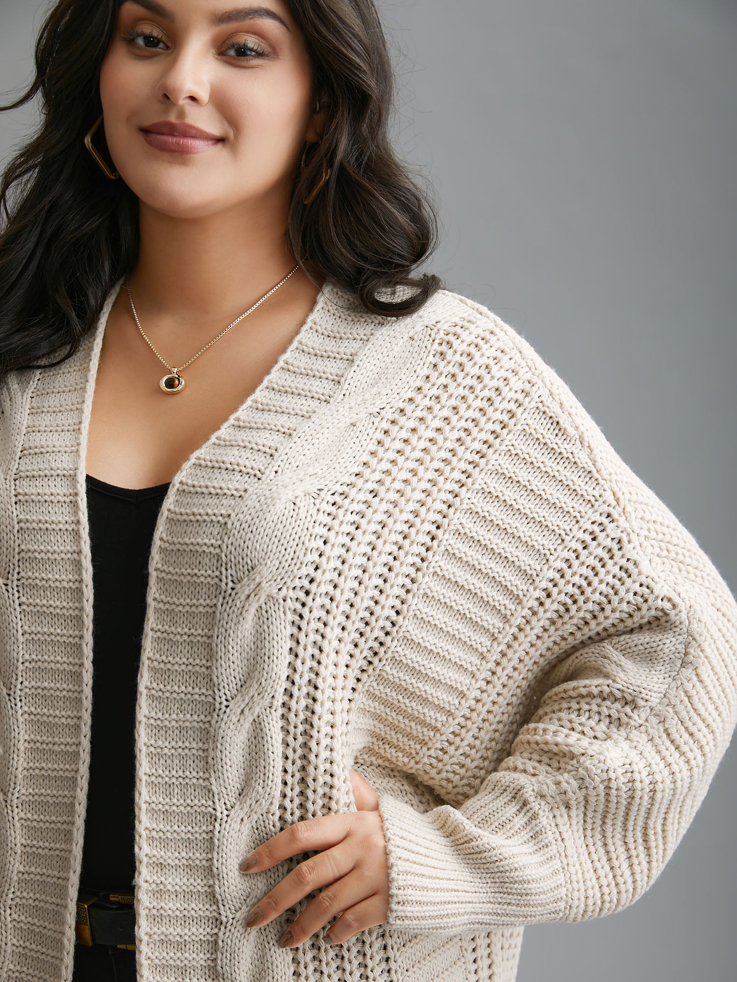 Cable Knit Open-Front Ribbed Knit Cardigan