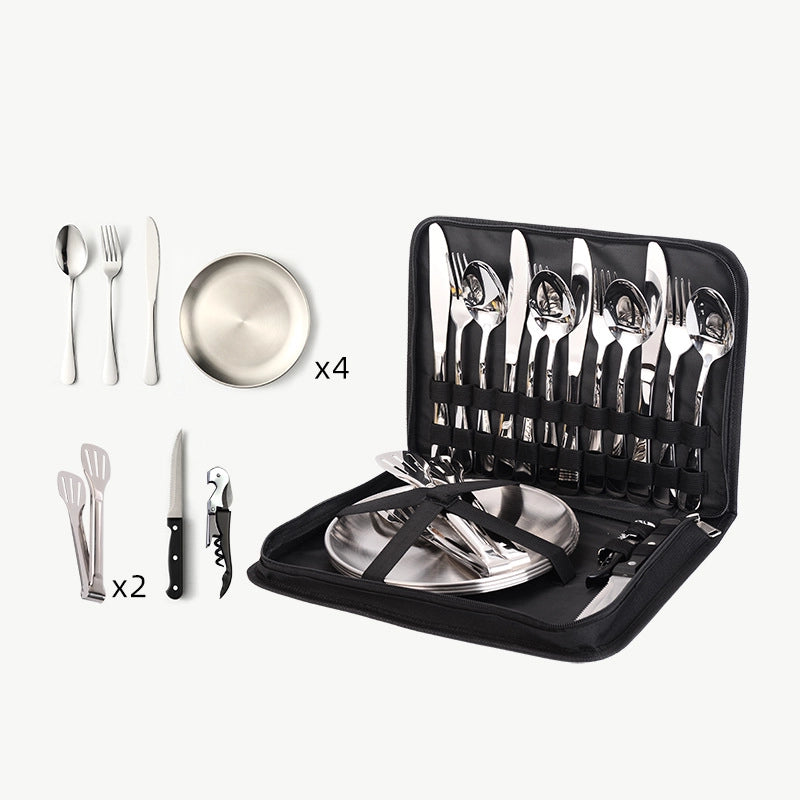 Outdoor Travel Stainless Steel Tableware Camping Picnic Barbecue Plate Clip Steak Knife. Fork And Spoon Suit Portable Storage Bag