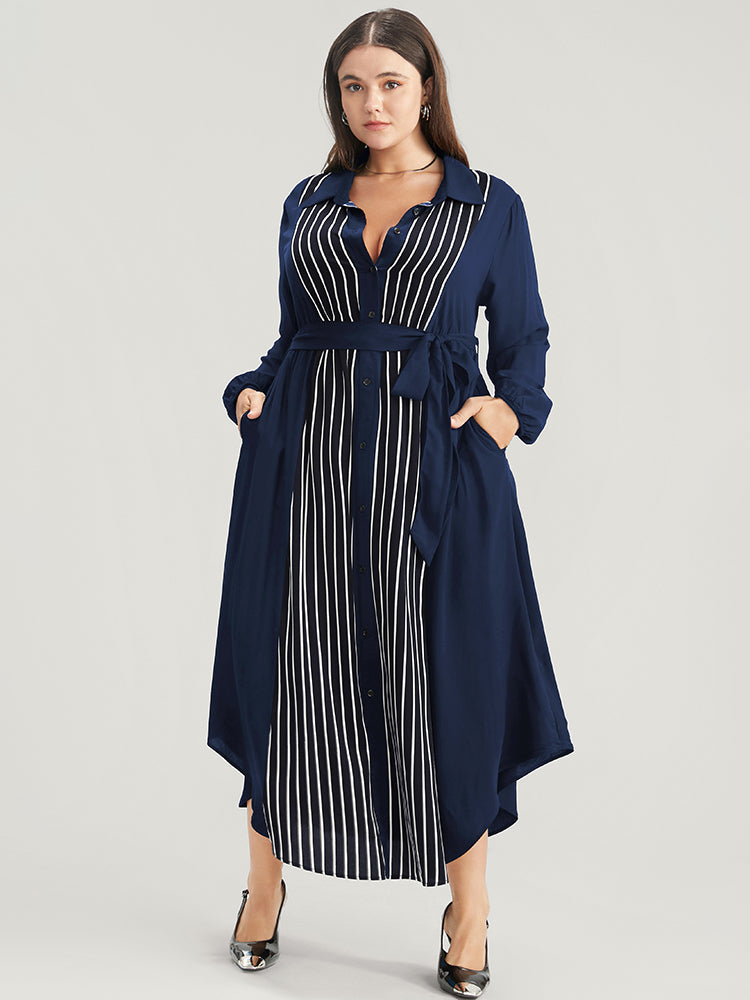 Striped Contrast Pocket Button Detail Belted Dress