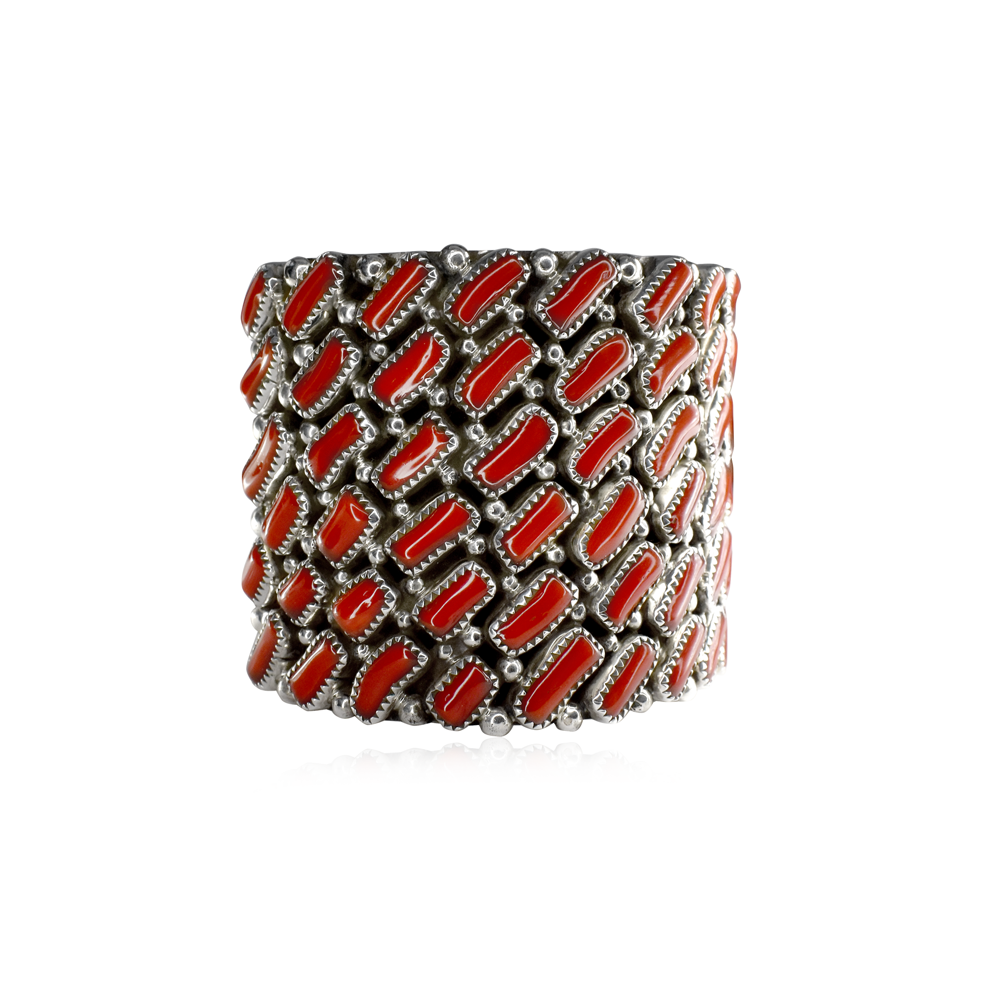 Sea of Japan Baguette Cut Coral and Sterling Silver Cuff