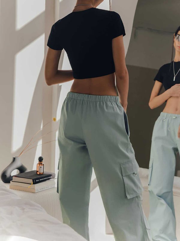 High Waisted Loose Drawstring Elasticity Pockets Split-Joint Pants Trousers