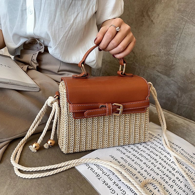 Women's Small Pu Leather Straw Color Block Vacation Classic Style Weave Square Magnetic Buckle Shoulder Bag Handbag Crossbody Bag