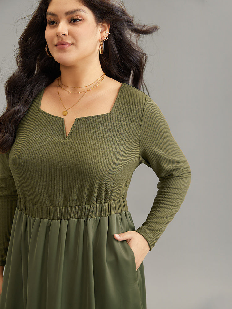 Twill Patchwork Elastic Waist Gathered Dress