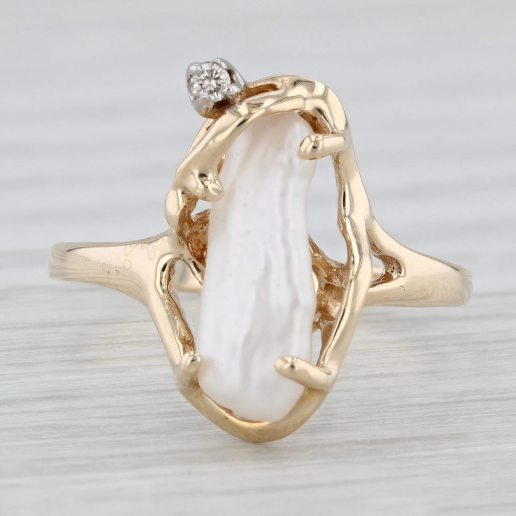 Baroque Freshwater Pearl Diamond Ring 10k Yellow Gold Size 7