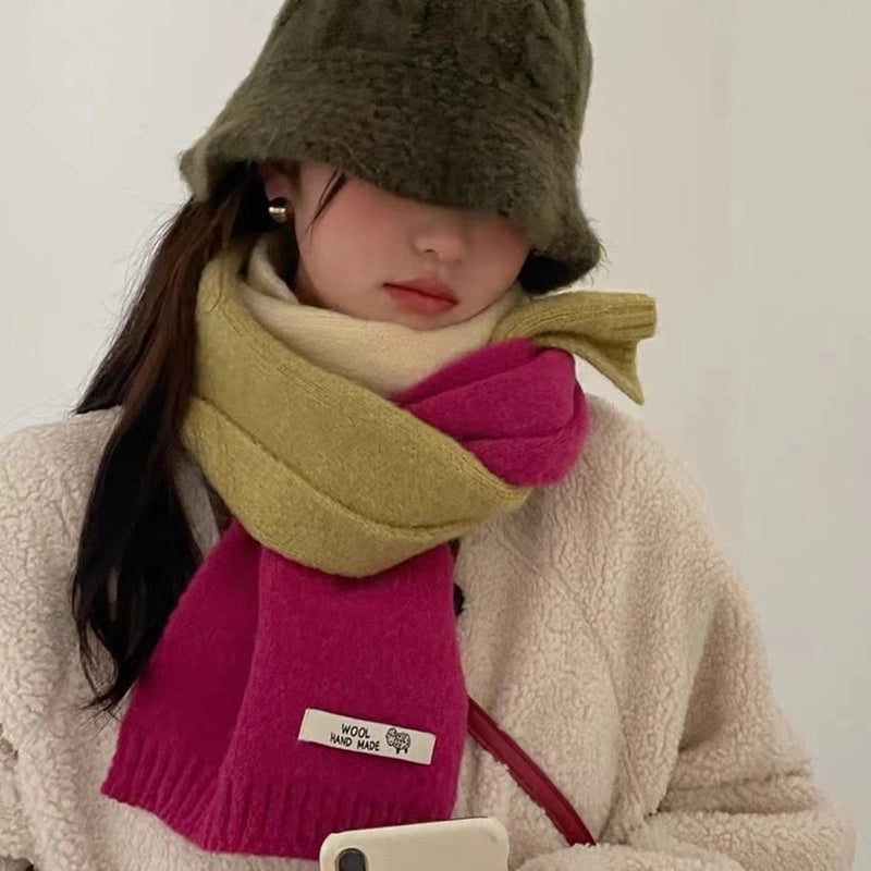 New Autumn And Winter Style Contrast Color Scarf Female Neck Protection Korean Cute Student Warm Knitted Scarf Male