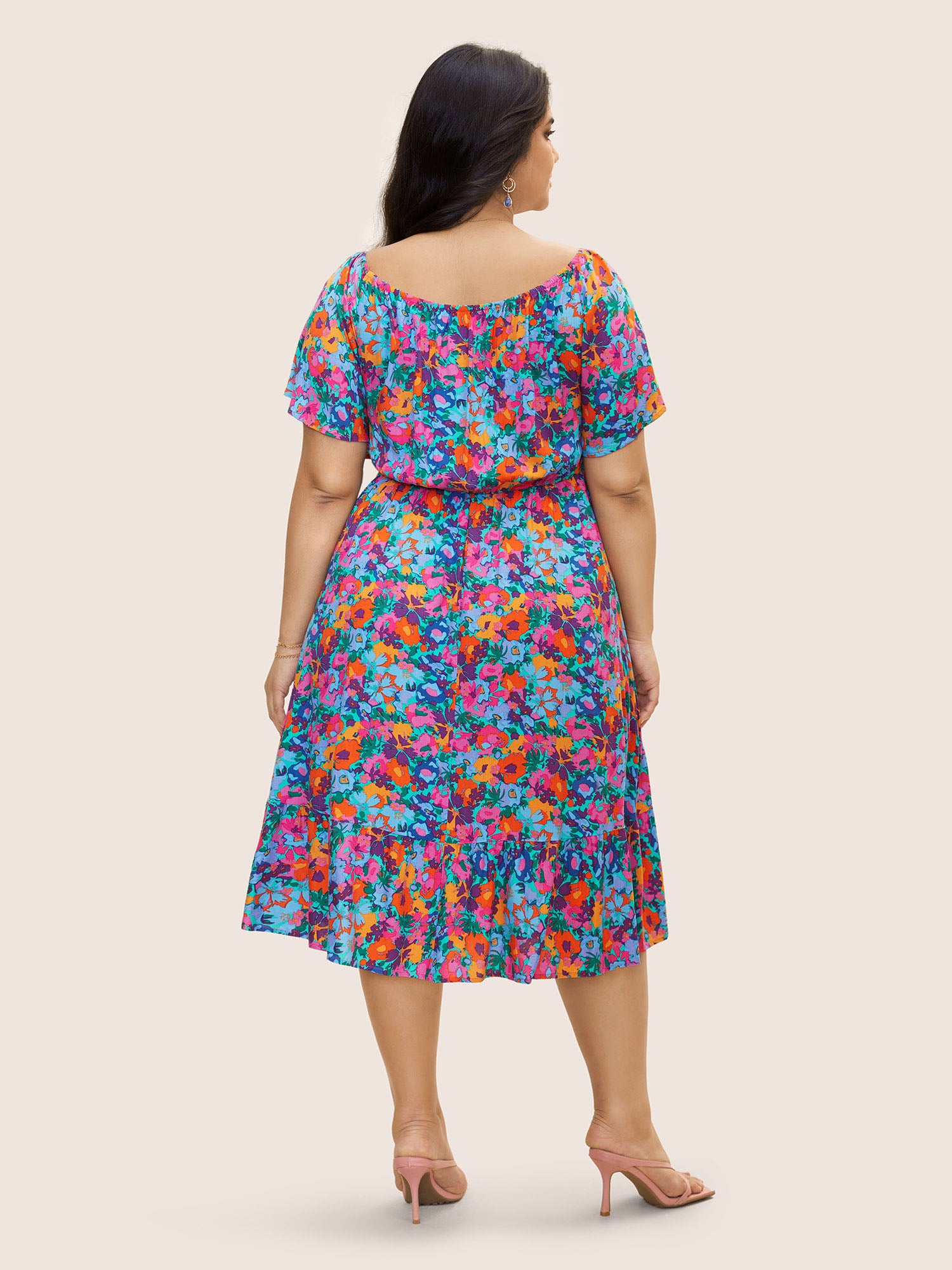 Colored Floral Elastic Waist Shirred Midi Dress