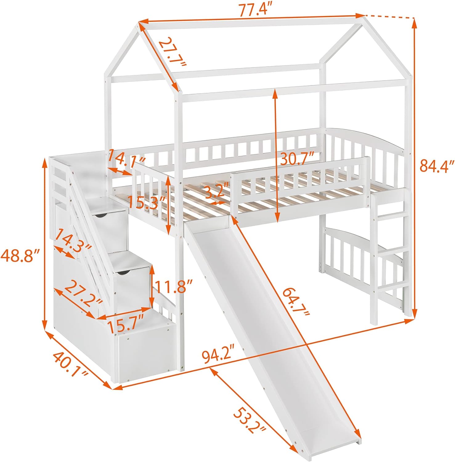 House bunk bed with slide and stairs