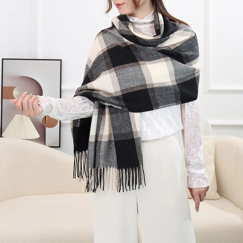 New Cashmere Scarf Women's Double Plaid Shawl Autumn And Winter Warm Tassel Long Couple Scarf