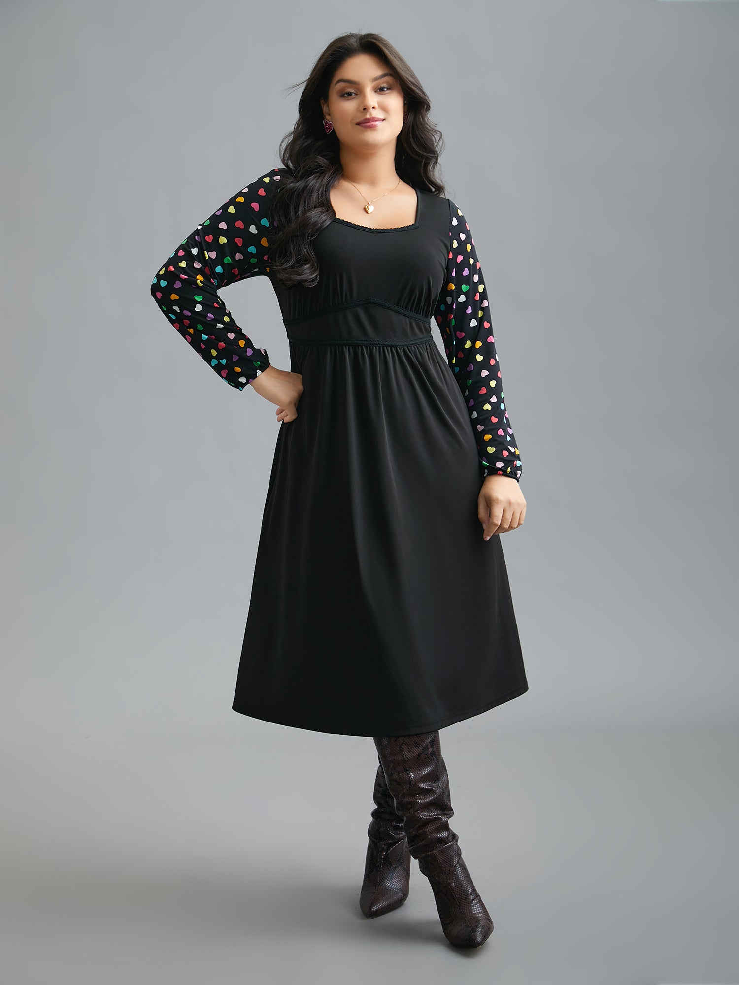 Polka Dot Sleeve Waist-Cinched Lace Dress