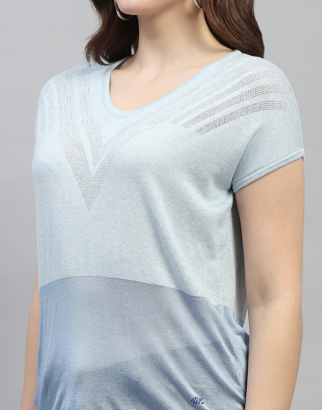 Women Sky Blue Self Design Round Neck Half Sleeve Top